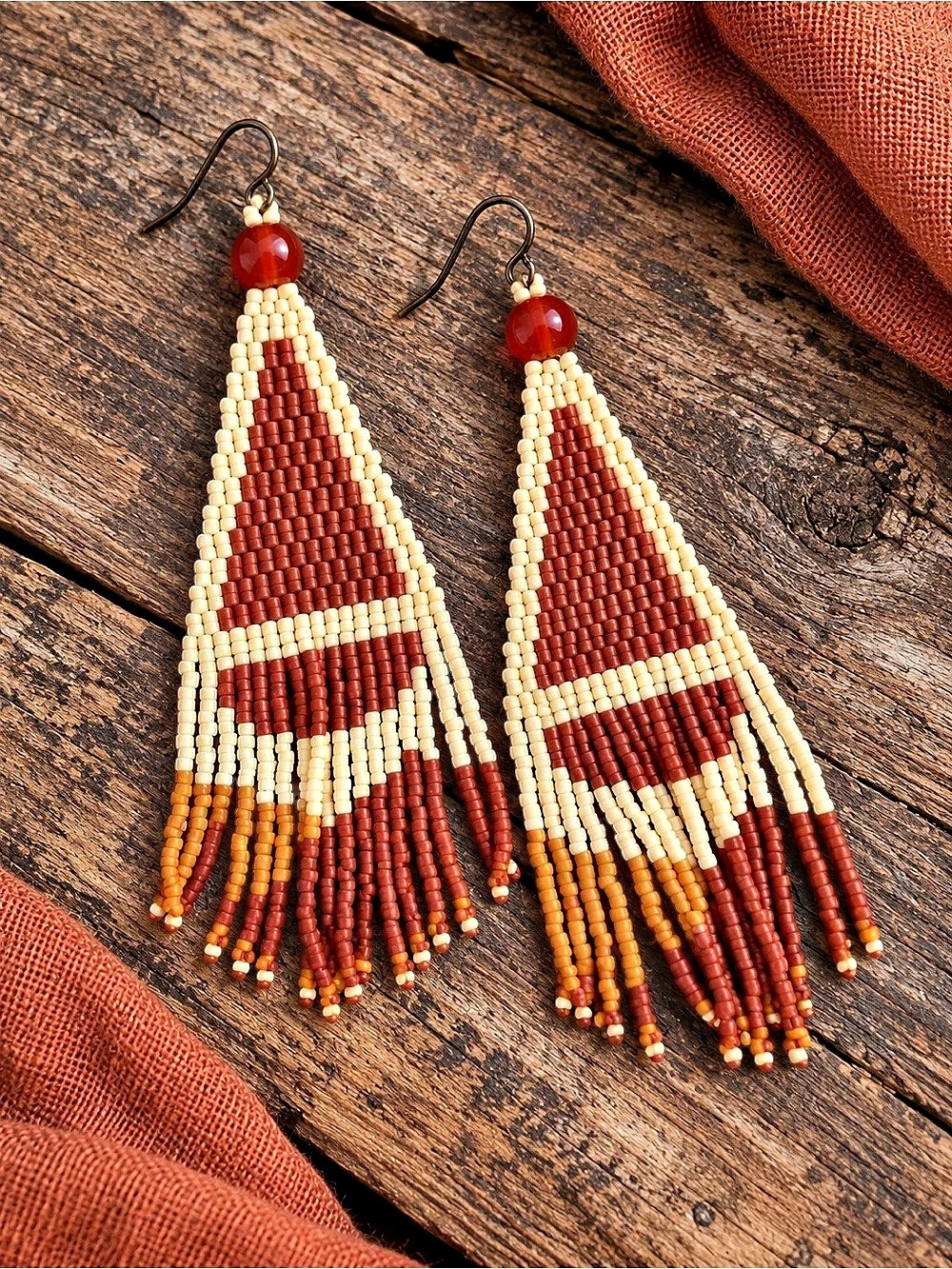Handmade Mountain Seed Bead Fringe Earrings | Rust, Cream & Orange